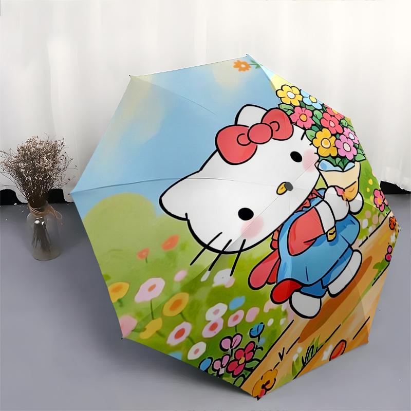 Hello Kitty,Flower Garden Automatic Folding Umbrella-Simple 8-Rib Design, Bright Cartoon Pattern, Durable Iron Frame, Suitable For Travel, O