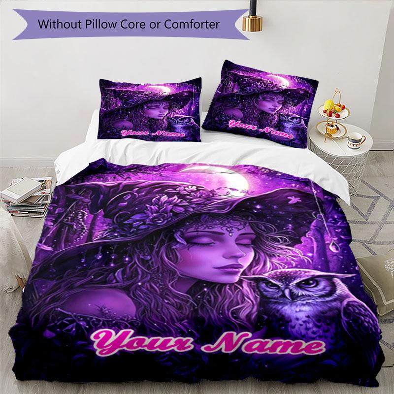 3pcs Custom Name Moonlit Witch's Dream Bedding Set Printed Bedding Set Duvet Cover Closure Includes 1 Duvet Cover & 2 Pillowcases Bedroom Decor
