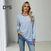 Женские топы с круглым вырезом, длинными рукавами, полосатым принтом, футболка с боковыми разрезами, средней длины, свободный крой, эластичная футболка