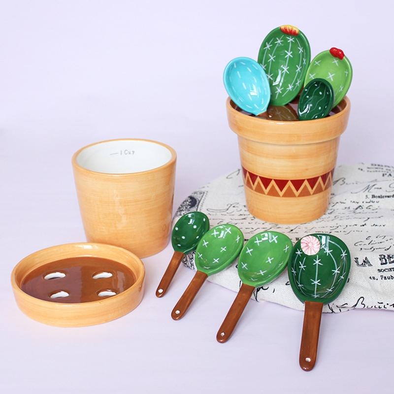 Керамические мерные ложки в виде кактуса с держателем, набор мерных ложек для выпечки, для домашней кухни, приготовления выпечки, сахара, соли, добавления X3UC