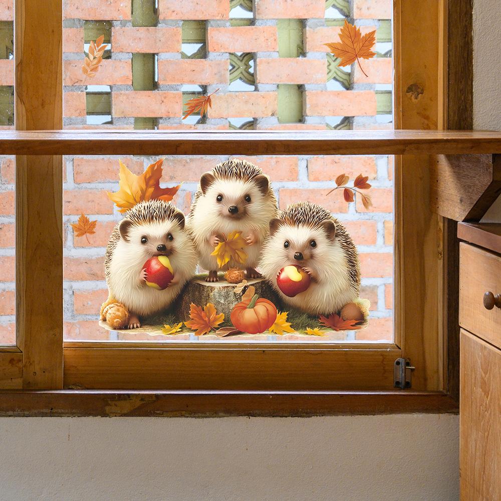 Милый ежик, едящий яблоки, осенние опавшие листья, наклейки для украшения стеклянного окна дома
