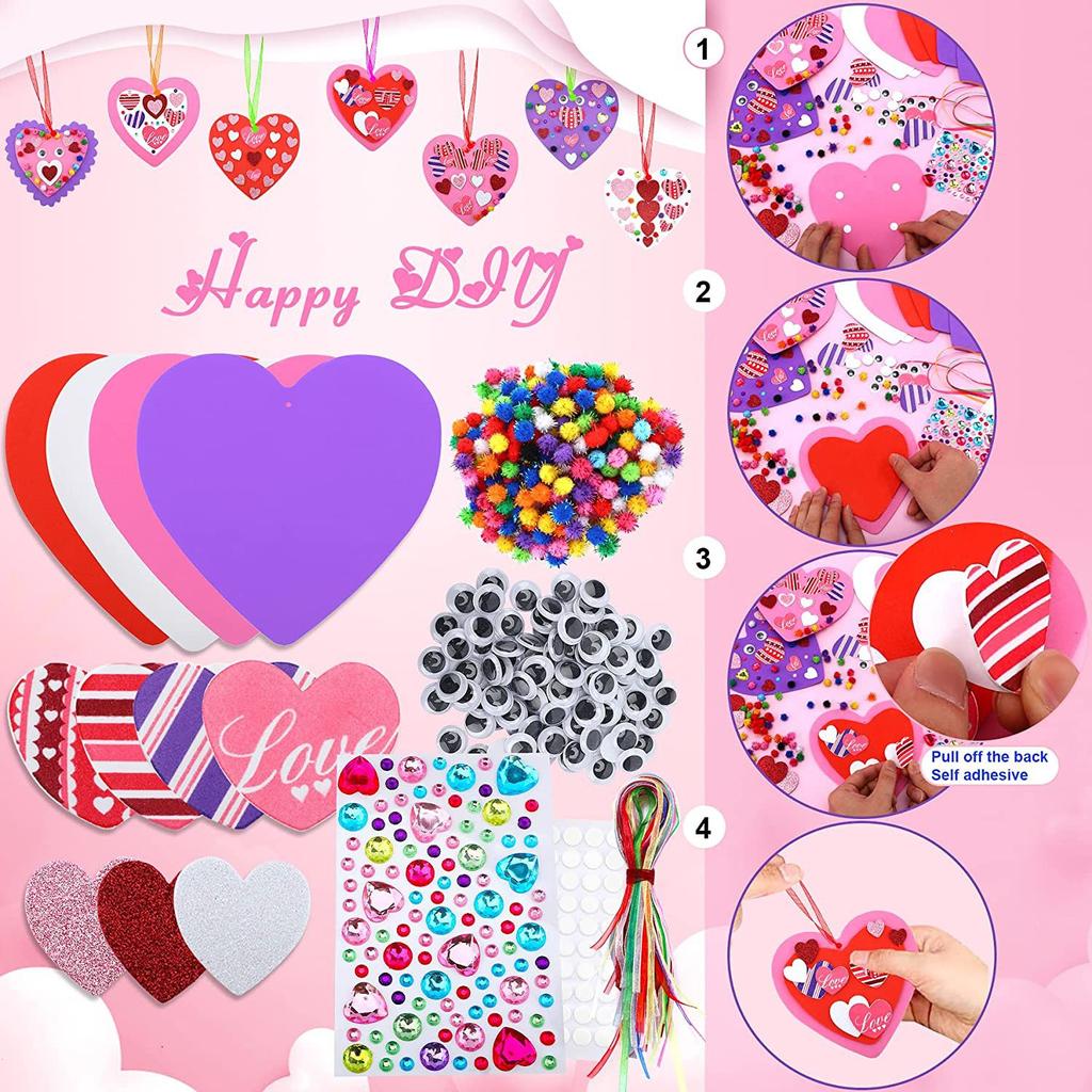 Valentine's Day Foam Heart Decoration Craft Kit With Foam Hearts, Self-Adhesive Glitter Stickers, Pom Poms, Sticky Eyes, Satin Thread For Kids.