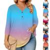 Womens 3/4 Length Sleeve Tops Plus Size Button Down V Neck Shirts Blouses Casual Printing Loose