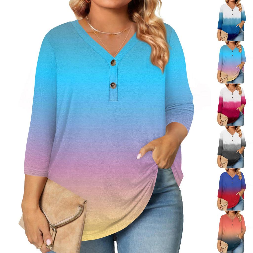 Womens 3/4 Length Sleeve Tops Plus Size Button Down V Neck Shirts Blouses Casual Printing Loose