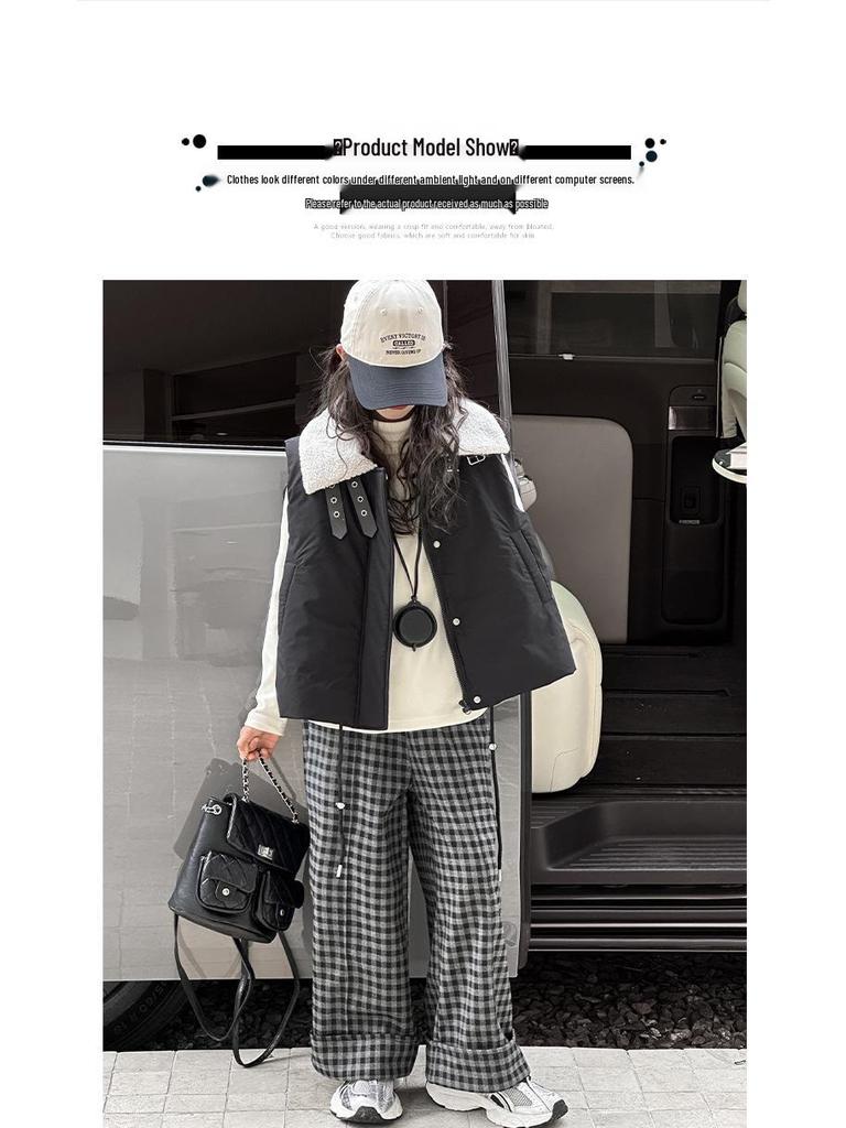 Комплект зимнего хлопкового жилета и клетчатых брюк на флисовой подкладке для девочек, 2025