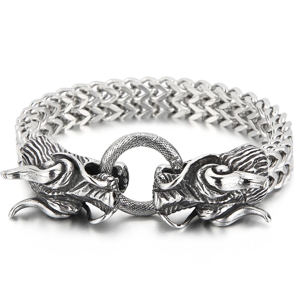Gothic Double Chinese Long Dragon Heads Design Men's Bracelet 11MM Width Stainless Steel Square Franco Link Chain Male Jewelry