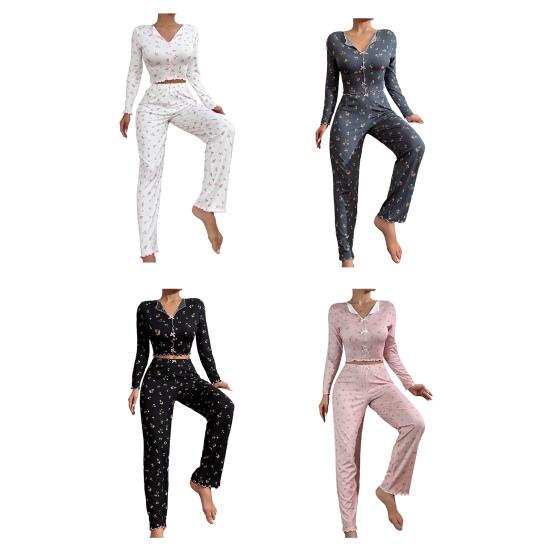 Пижамный комплект для женщин с вишневым принтом, кроп-топ с длинным рукавом и длинные