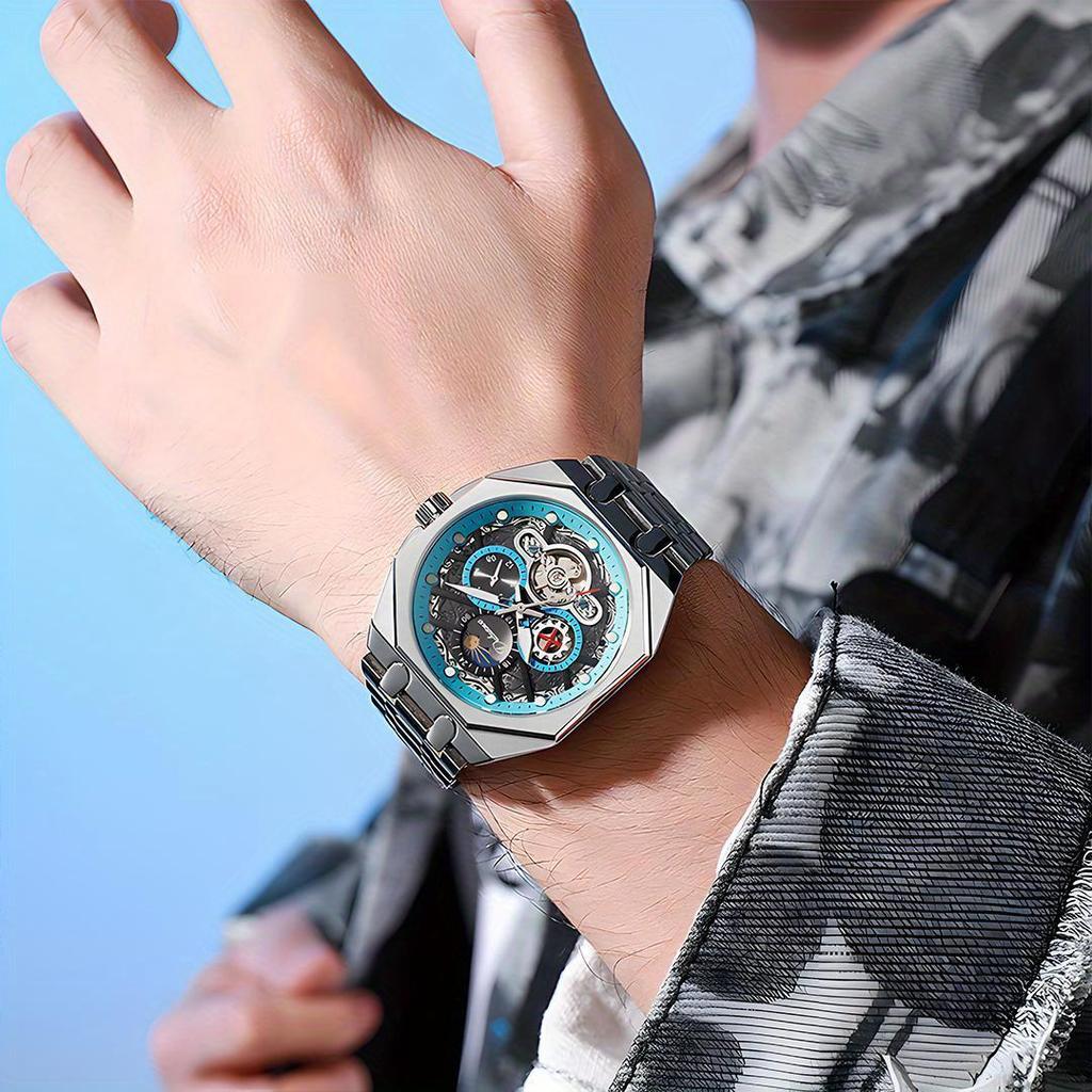Tourbillon Hollowed Out Strong Luminous Moon Phase Mechanical Watch for Men, Fully Automatic Business Watch, Holiday Gift, Stainless Steel Watch