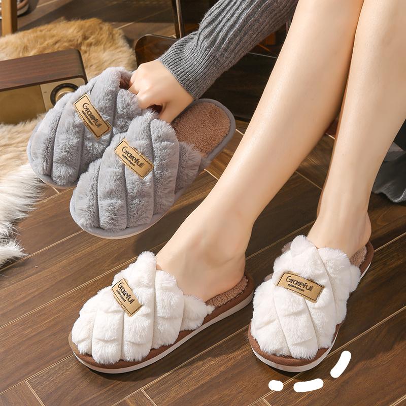 Winter Warm Home Slippers Women 2024 Fashion Closed Toe Plush Indoor Slides Woman Flat Heel Casual House Cotton Padded Shoes
