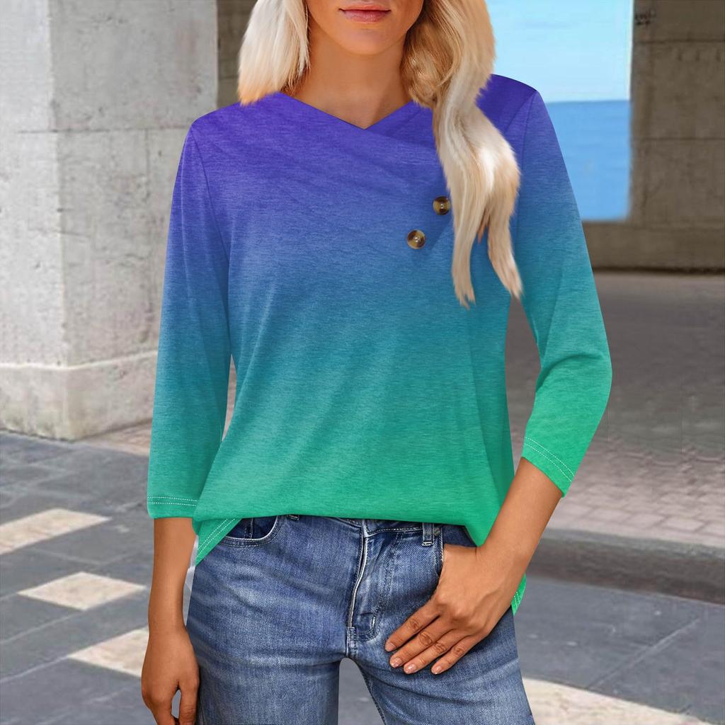 Женская модная повседневная футболка с принтом в виде градиента, рукавами-семиточками, V-образным вырезом и застежкой на пуговицы