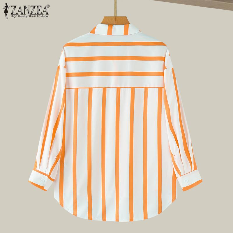 ZANZEA Женские повседневные рубашки с длинным рукавом в полоску и карманами