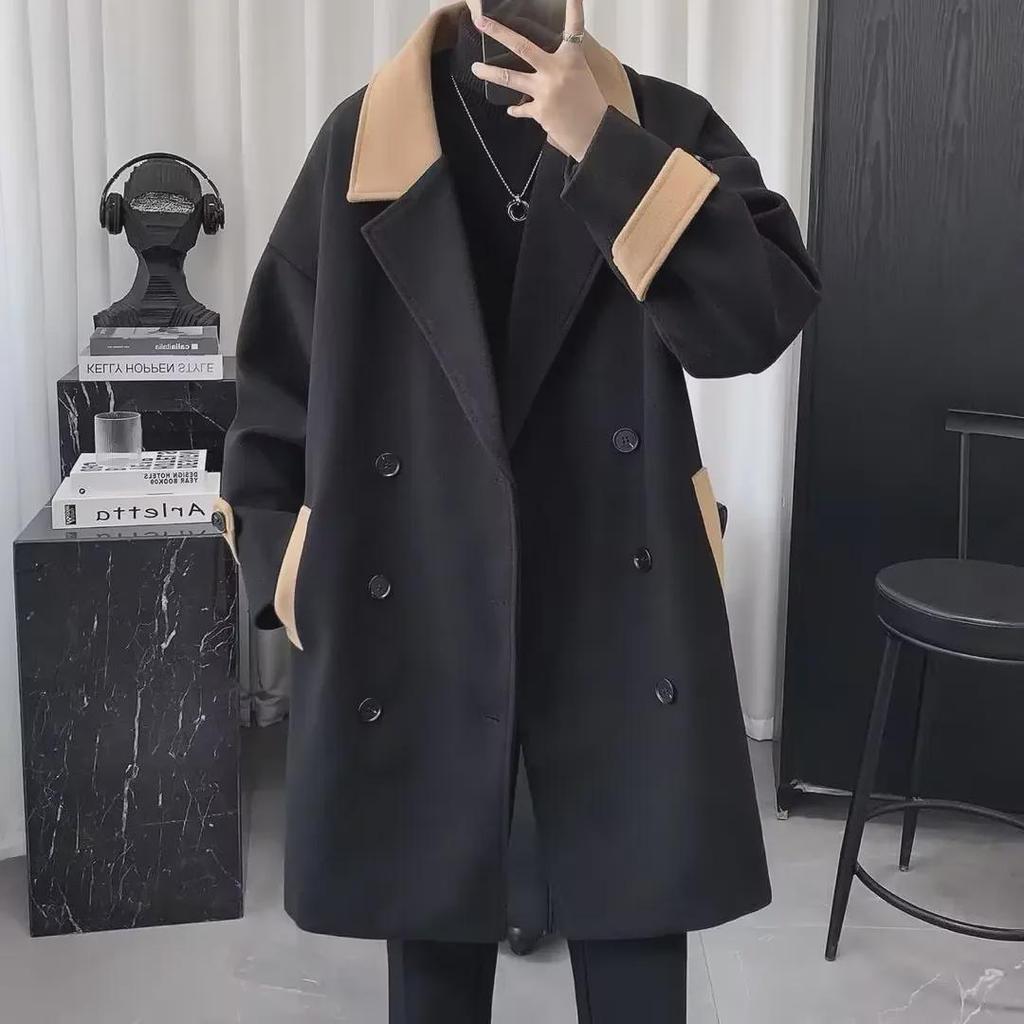 Мужское стильное британское шерстяное пальто - зимняя толстая ветровка средней длины