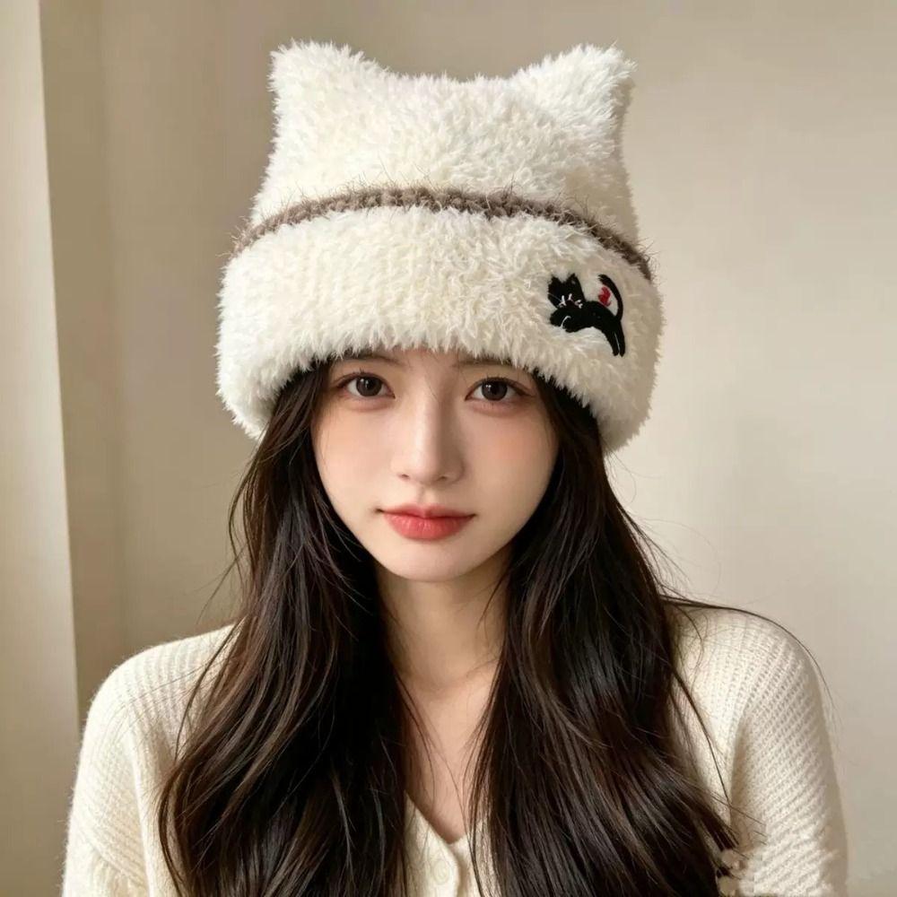Cold Proof Plush Knit Hat Warm Cat Ear Hat Soft Fall Winter Skull Cap For Women