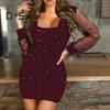 Women Dress Square Neck Long See Through Mesh Sleeves Sequin Slim Fit High Waist Sheatn Solid Color Prom Party Dating Mini Dress