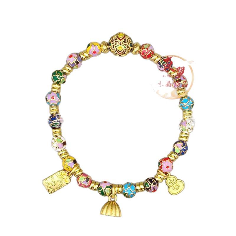 Браслет Panjiayuan с эмалью cloisonсе, цветами, золотой фольгой и бусинами удачи