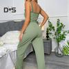 2 Pcs/Set Pants Top Suit Low-cut V Neck Sleeveless Solid Color Shirring Drawstring High Elastic Waist Lace Women Summer Pajamas Set Homewear Tank Top