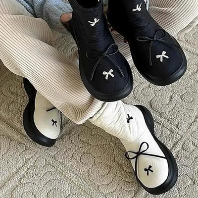 Женские туфли на плоской подошве, дизайнерские ботильоны с бантом, зима 2025 года, новые теплые короткие плюшевые туфли, повседневные, хлопковые, спортивные