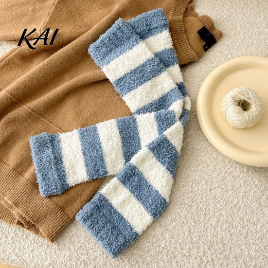 Thermal Velvet Leg Sleeves for Women Coral Fleece Warmers Women, Thickened Winter Knee High Comfortable Leggings Socks, Striped/Solid Color,