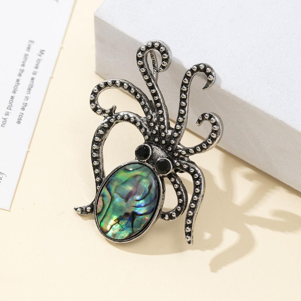Natural Stone Shell Brooch Octopus-Shaped Brooch For Elegant Formal Coat Jewelry Accessory 52x37mm