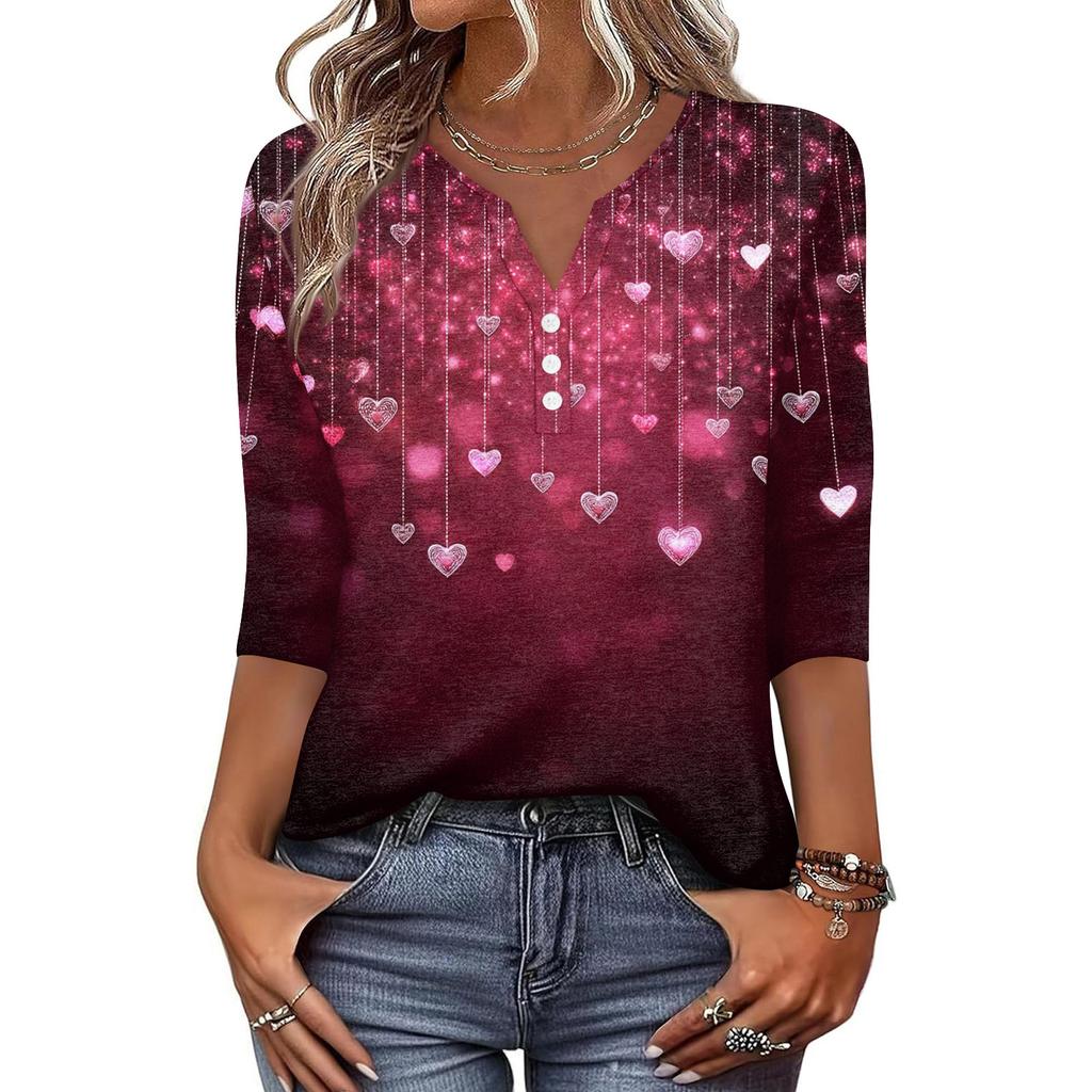 Жен. Футболка С принтом Пуговицы Рукав 3/4 Повседневные Выходные Мода Классический Классический V-образный вырез Обычный Верх