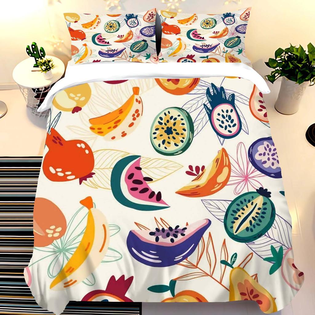 Cartoon All-Over Fruit Pattern Duvet Cover Set, HD Digital Print, Zipper Closure, 135x200cm Bedding Decor