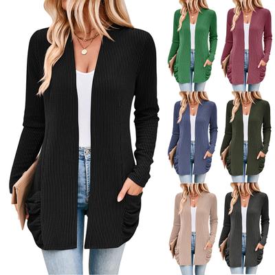 Женская мода сплошной цвет полосатый плиссированный карманный кардиган с длинным рукавом куртка