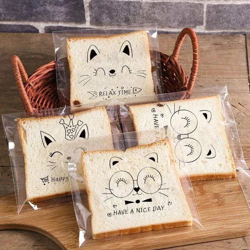 100 шт. Прозрачные самоклеящиеся подарочные пакеты для конфет, милые зайчики, коты, медведи, животные, хлеб, тосты, печенье, упаковка для выпечки, принадлежности