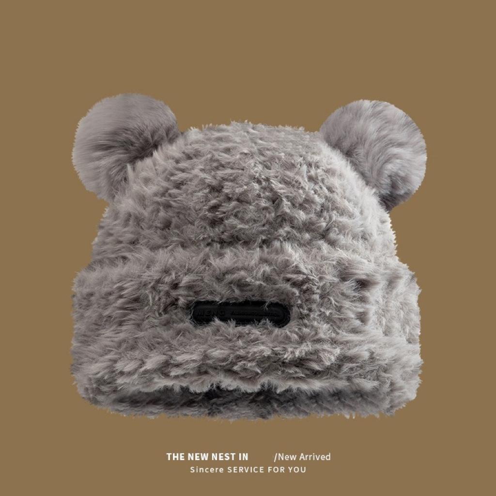 Милая шерстяная шапка с мишкой женская зимняя плюшевая теплая пушистая осенне-зимняя шапка вязаная для большого обхвата головы