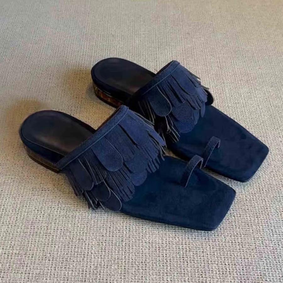 Версия из овчины~ нишевые замшевые тапочки с кисточками на низком каблуке с квадратным носком, женская обувь 2025, летние прохладные тапочки