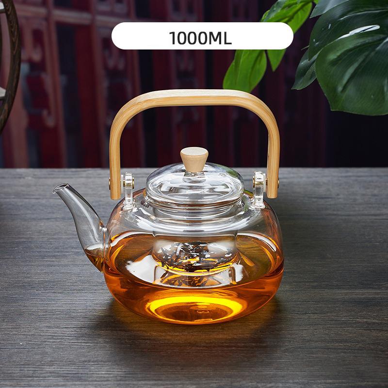 1000/1200ml Teapot High Borosilicate Glass Chinese Tea Ceremony Clear Teapot with Filter Wood Handle for Electric Ceramic Stove