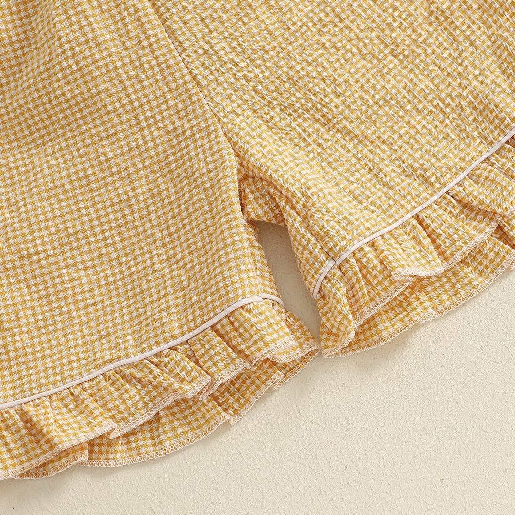 Пижама для маленьких девочек на Пасху, клетчатый принт, вышитые оборки, футболка на пуговицах с эластичными шортами для дома, одежда для сна