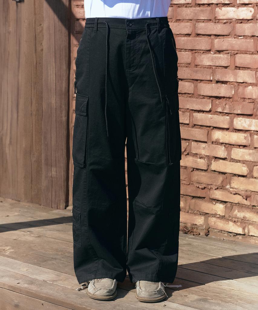 MUDSALT 8P Elastic Waist Wide Cargo Pants Black