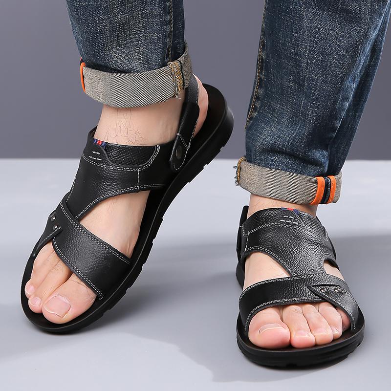 Men Black Leather Sandals Summer Brown Outdoor Hiking Sandals Outdoor Wide Head Beach Shoes for Father Over Sized