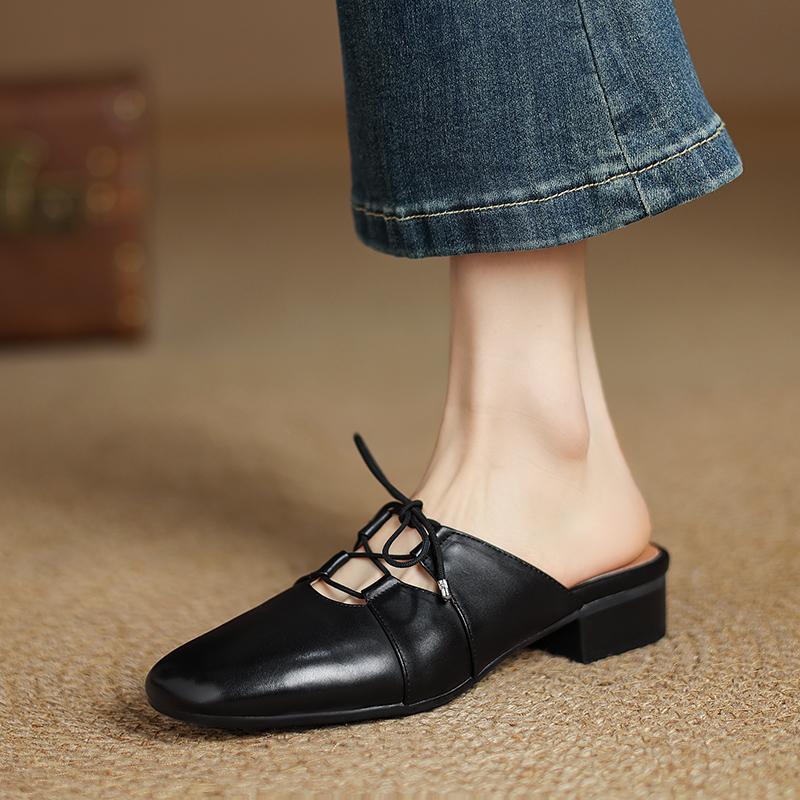 Модные новые летние женские мюли из натуральной кожи, туфли для женщин с круглым носком и низким каблуком, туфли с закрытым носком, слипоны, женские сандалии, ретро шлепанцы