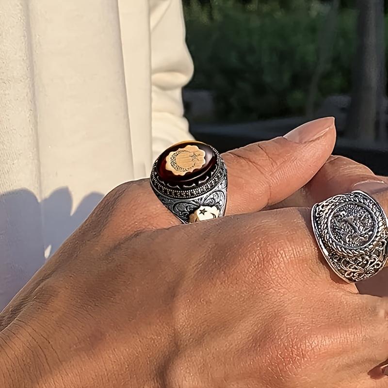 Ретро Турецкие Мужские Кольца Ручной Работы Винтажные Резные Кольца с Узором Звезды и Луны Кольца с Красным Цирконом Рок Панк Исламские Мусульманские Свадебные Украшения