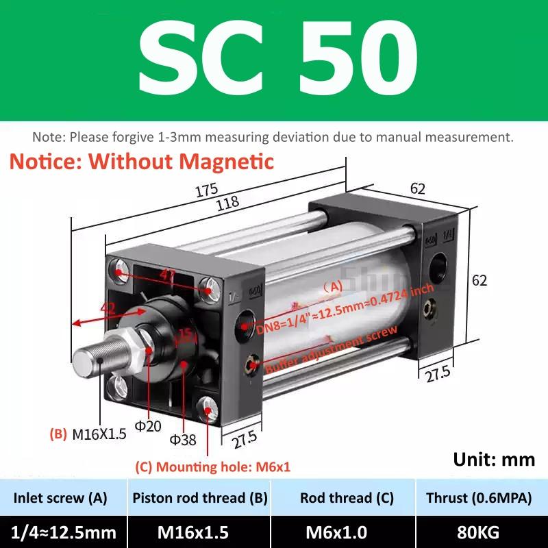 SC Standard Air Cylinder SC32/40/50/63mm Bore Small With Magnetic Pneumatic Cylinder Piston 25/50/75/100/150/200/250mm Stroke