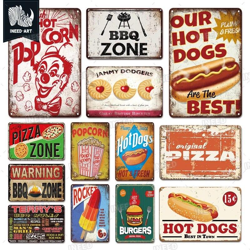 Pizza Zone Metal Poster Tin Plate Ice Cream Hot Dog Vintage Kitchen Iron Painting For Restaurant Party Home Wall Decoration