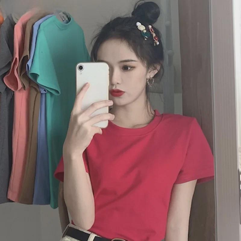 Женские летние футболки Candy Color в корейском стиле с круглым вырезом и свободным кроем 2025 года