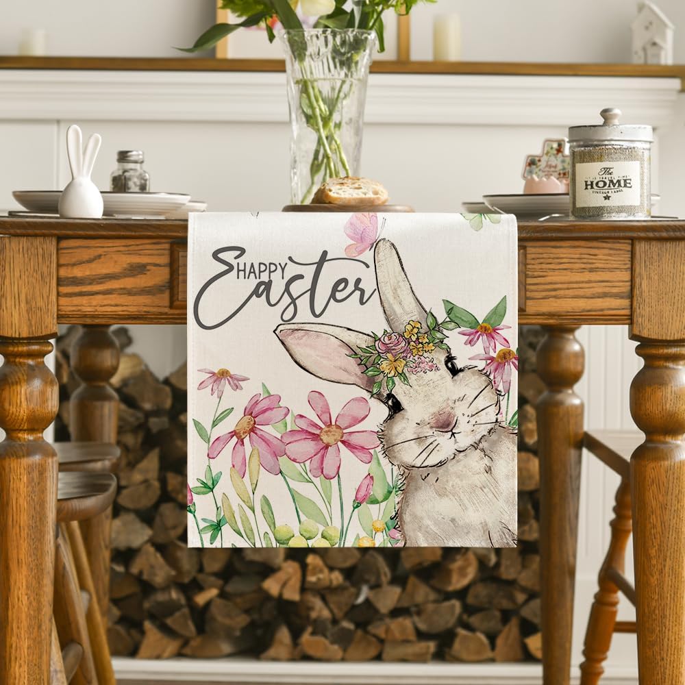 Artoid Mode Daisy Bunny Rabbit Easter Table Runner, Seasonal Spring Kitchen Dining Table Decoration for Home Party Decor 13x72 Inch