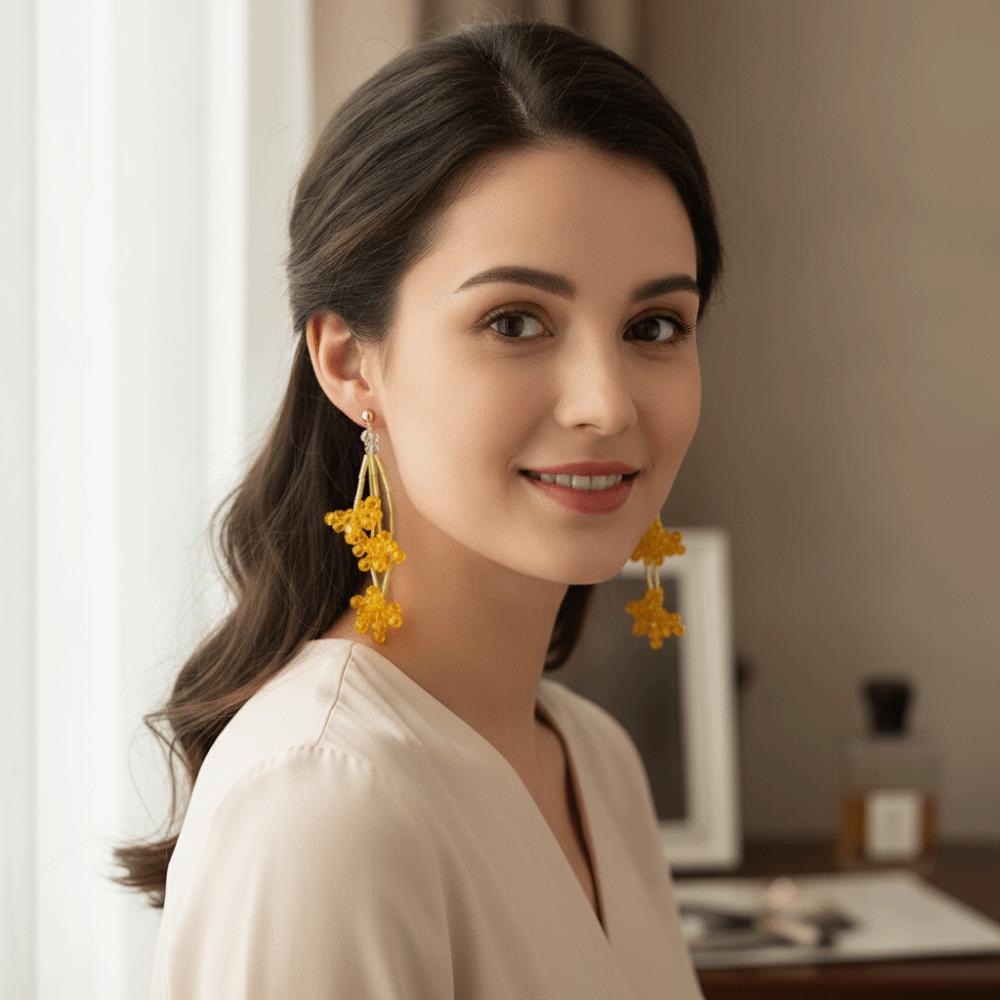 Fresh Pastoral Holiday Style Earrings Crystal Flower Beaded Floral Earrings Beaded Earrings Women