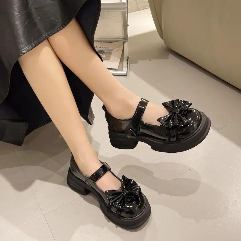 2024 Новая мода, хит продаж, украшенная бантом, круглый носок, женская обувь, толстый каблук, удобная однотонная женская обувь Zapatos