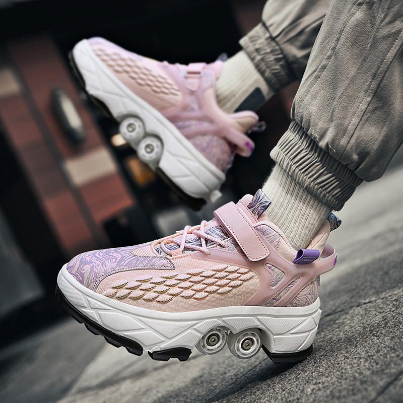 Runaway Shoes Деформационные ботинки Четырехколесные роликовые коньки двойного назначения Двухрядные роликовые коньки Runaway Shoes