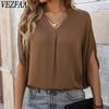 Женские модные повседневные летние весенние однотонные блузки и рубашки с v-образным вырезом и короткими рукавами с принтом