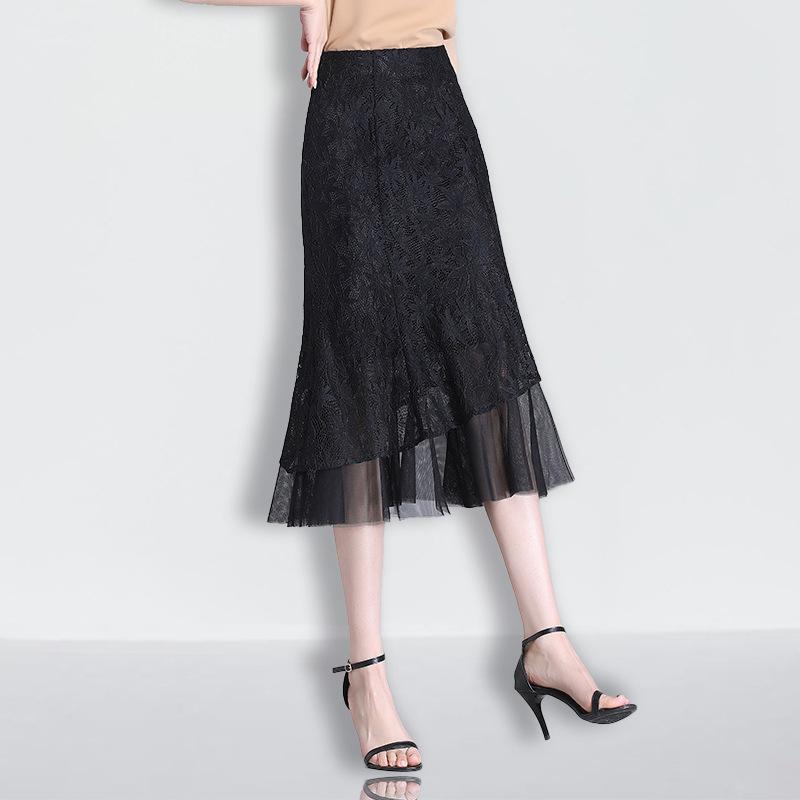 Юбка с кружевом и юбкой-рыбьим хвостом женская летняя черная юбка средней и длинной длины весенняя женская маленькая юбка на весну и осень высокая юбка на бедрах