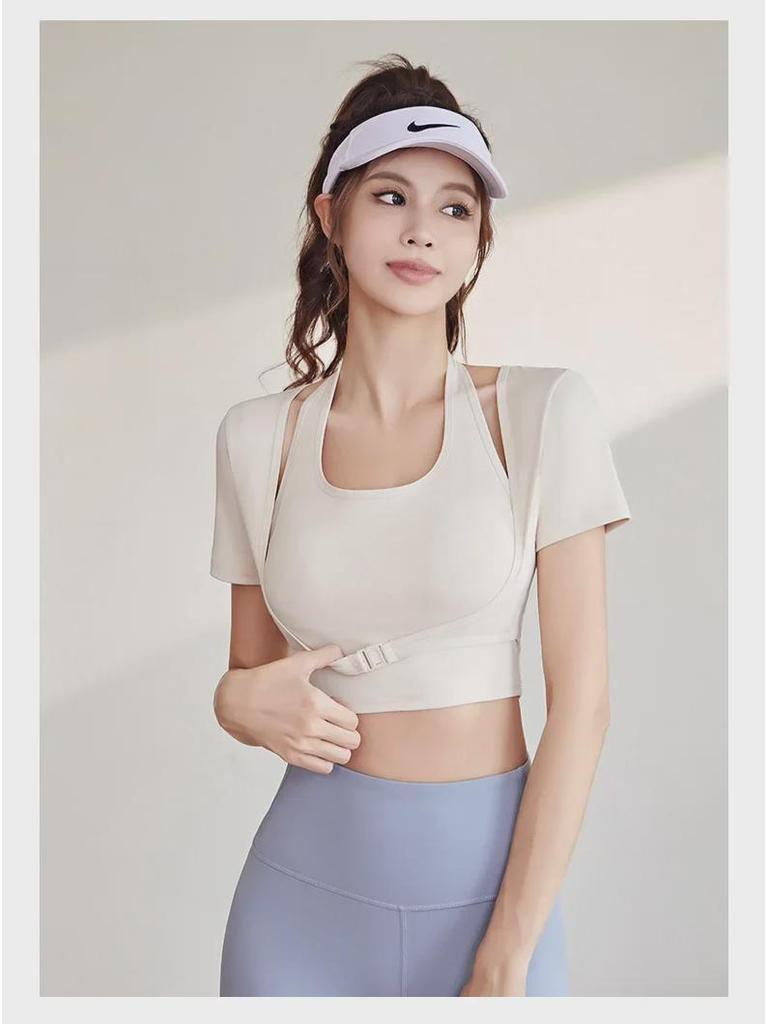 Peach Halter Neck Yoga Suit with Chest Pad - Short Sleeve, Tight Fit