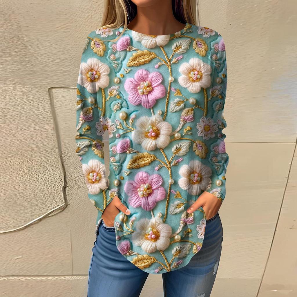 Women's Fashion Long Sleeve Round Neck Vintage Irregular Pullover Top