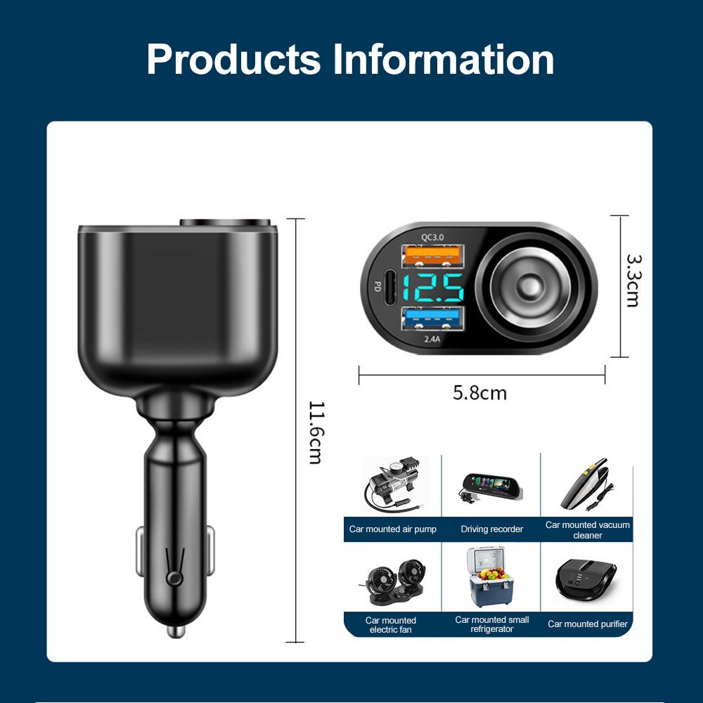 Разъем для автомобильного зарядного устройства 66 Вт PD QC3.0, разветвитель для быстрого зарядного устройства, два порта USB для зарядного устройства типа C со светодиодным дисплеем, адаптер питания