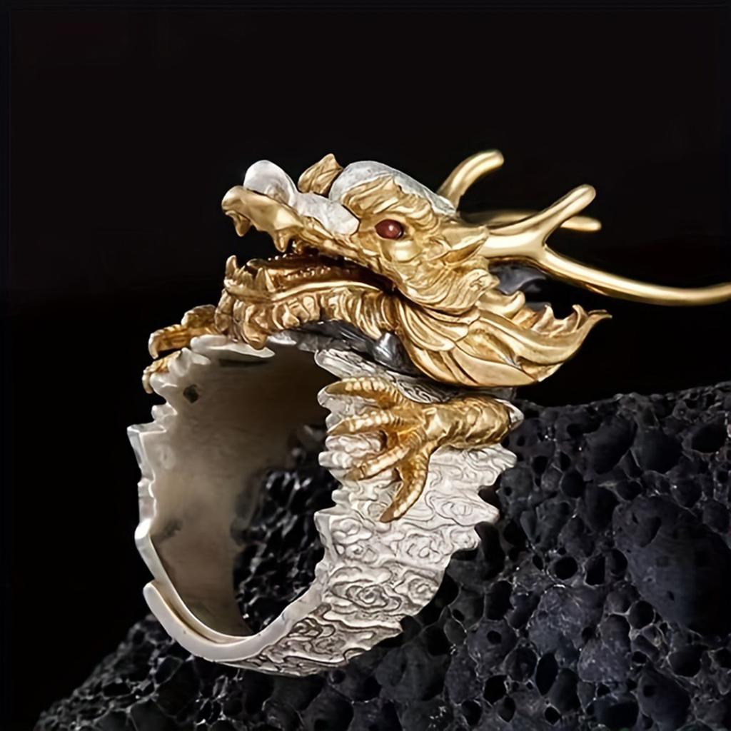 Vintage Golden Dragon Ring Adjustable Open Mouth Unique Ring Ornament Fashion Jewelry Accessory for Women and Men