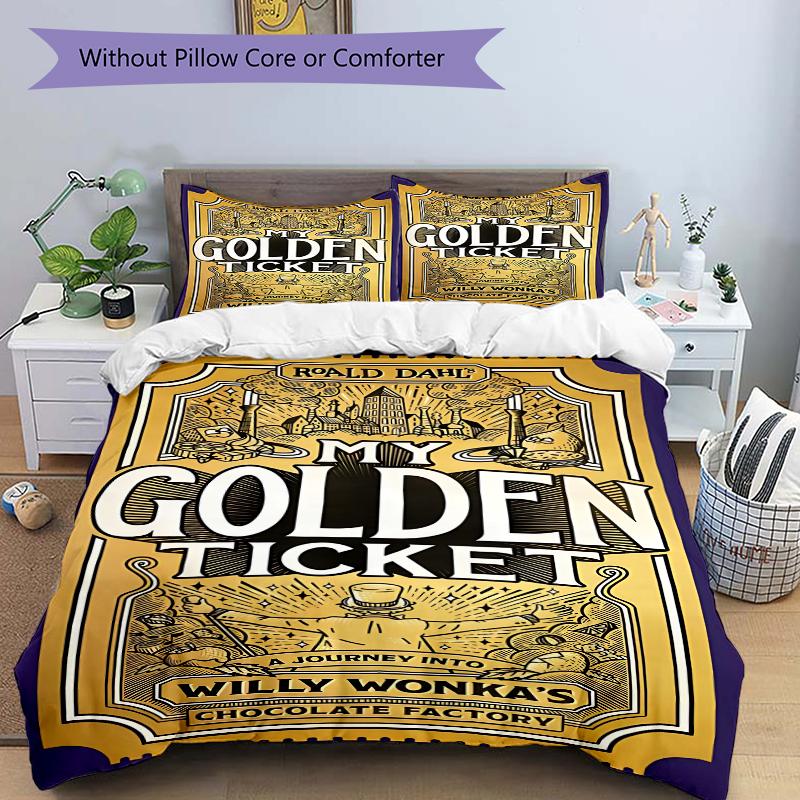 3Pcs Golden Ticket Adventure Bedding Set Soft Fabric Duvet Cover Pillowcases Home Christmas Xmas Halloween Gift 1 Duvet Cover 2 Pillowcase G1252