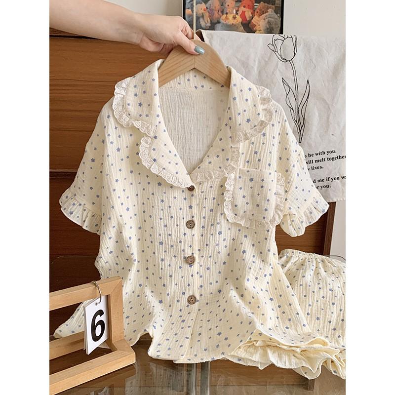 100% Cotton Cartoon Print Short Sleeve Pajama Set Girls Lightweight Sleepwear Two Piece Home Outfit